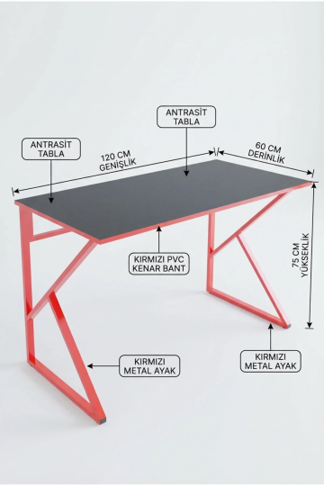 Redline Vortex Oyuncu Masası 120X60 Cm Antrasit  Kırmızı Metal Ayaklı Gaming Desk