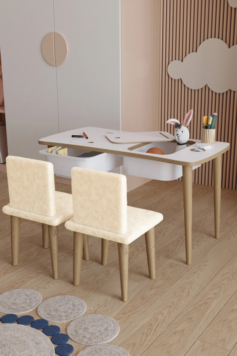 Montessori Yumşak Kumaşlı Çocuk Masası Oyun Masası Aktivite Masası 2 Adet Welsoft Sandalyeli