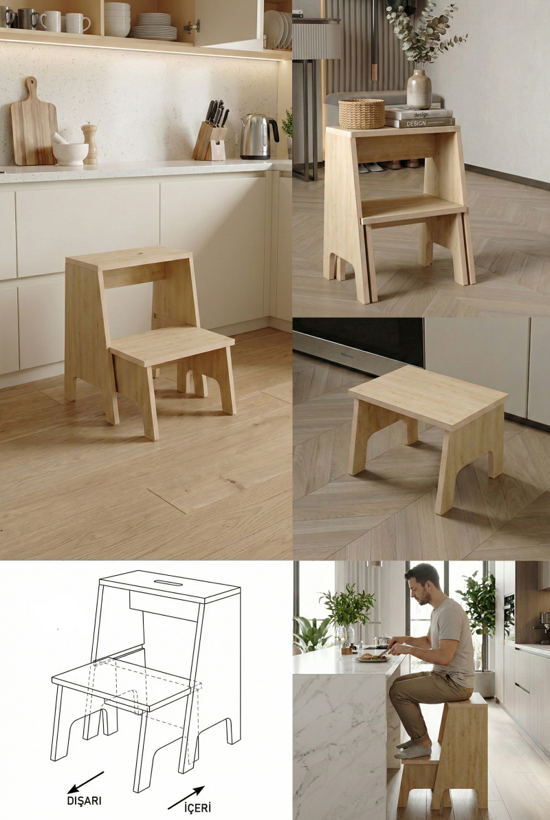 Yetiş İki Basamaklı MDF Tabure Merdiven Safir Meşe